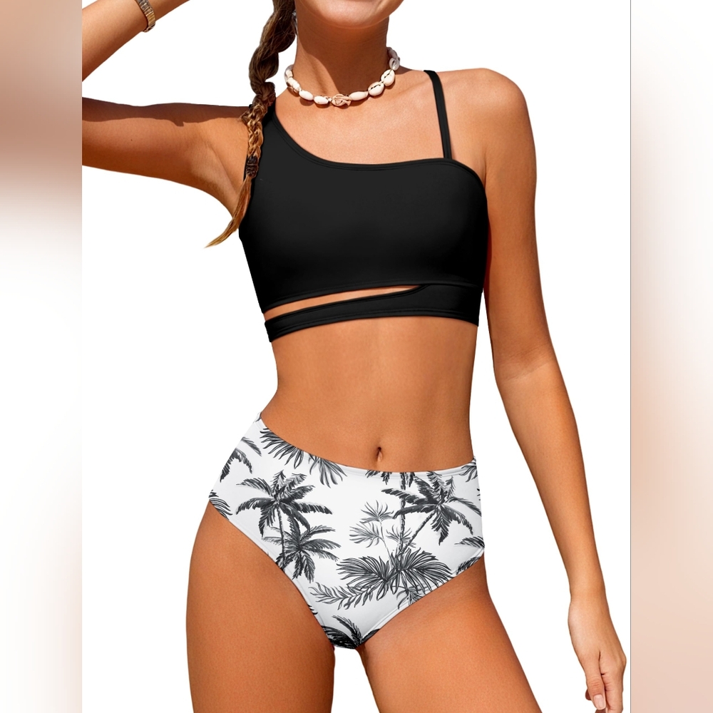 Chic Black and White Palm Bikini Set